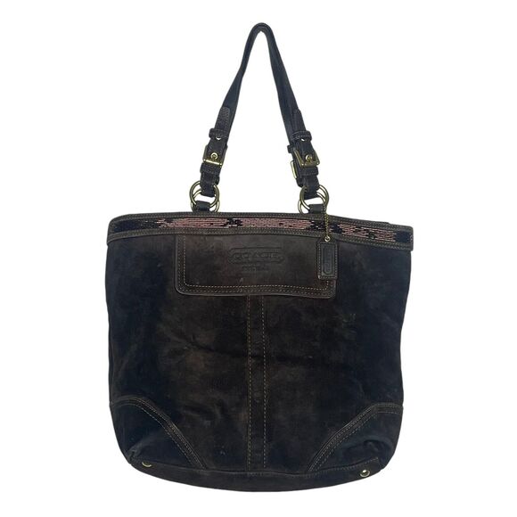 Vintage Coach Bag Suede Brown Shoulder Handbag Tote Zip Close - Picture 1 of 7